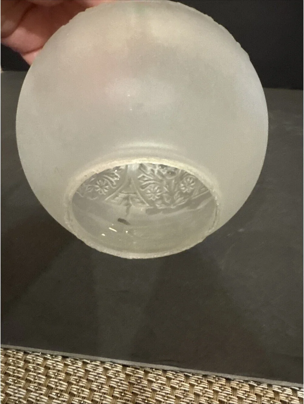 Vintage Frosted Glass Lamp Globe Embossed Rose Pattern 3 3/8” Fitter 4.75” H